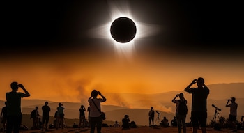Eclipse solar total con corona de luz y siluetas de personas observando. El horizonte anaranjado muestra montañas, humo y llamas de incendios.
