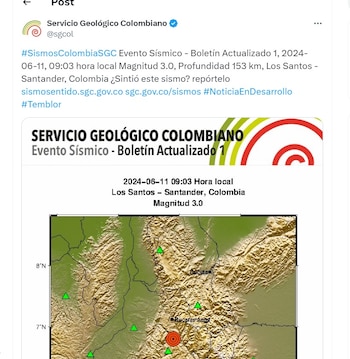 Servicio Geológico Colombiano informa de un sismo en Los Santos, Santander - crédito @sgcol