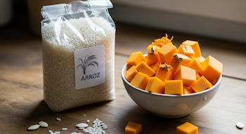 Un paquete transparente de arroz blanco junto a un tazón lleno de cubitos de calabaza naranja brillante sobre una superficie de madera.
