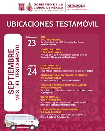 Cartel con el logotipo del Gobierno de la Ciudad de México, el calendario de ubicaciones del Testamóvil y la ilustración de una camioneta blanca