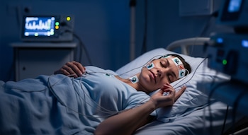 Mujer adulta durmiendo en cama con múltiples sensores en la cabeza y el pecho. Cables conectados a equipos de monitoreo con pantalla de gráficos.