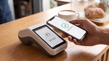 Mano sosteniendo teléfono móvil que muestra 'Pago Exitoso' con tilde verde, terminal de punto de venta indicando $4,500, mostrador de madera, taza y pasteles.