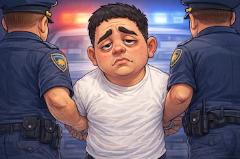 Caricatura de un hombre con camiseta blanca, con las manos esposadas, flanqueado por dos policías de espaldas. Luces de patrulla al fondo.