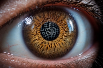 Plano cerrado de un ojo humano con iris avellana y una cuadrícula de líneas blancas deformadas en el centro de la pupila.