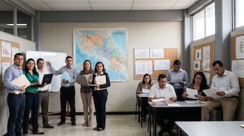Diez personas en una oficina pública costarricense. Cinco de pie con laptops y carpetas a la izquierda. Cinco sentadas o de pie con papeles a la derecha. Mapa de Costa Rica y gráficos en la pared.