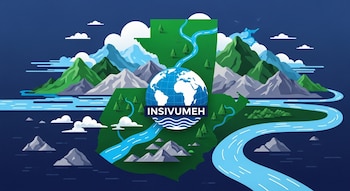 Mapa de Guatemala con montañas, ríos y árboles. El logo de INSIVUMEH, un globo terráqueo azul con ondas, se ubica al centro.