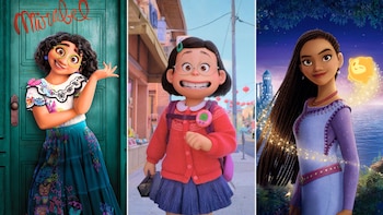 Un triptico de tres personajes femeninos animados: Mirabel de Encanto, Mei de Red y Asha de Wish, en sus respectivos entornos fílmicos