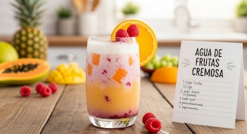 Vaso de agua de frutas cremosa en capas de naranja, rosa y blanco, decorado con naranja y frambuesas, sobre mesa de madera con piña, papaya y receta.