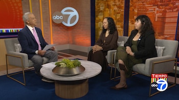 Un hombre y dos mujeres sentados en sillones en un estudio de televisión. Se observan papeles, un centro de mesa y los logos de ABC 7 y TIEMPO