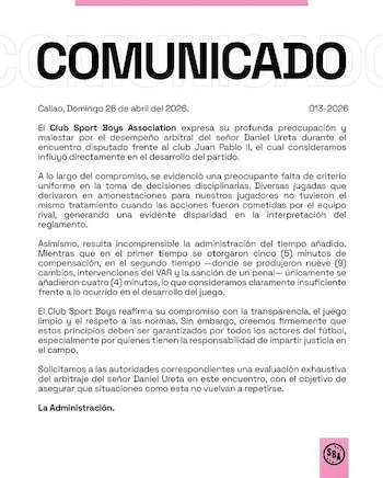 Sport Boys – Juan Pablo II – Daniel Ureta - Liga 1 – Perú – deportes – 26 abril