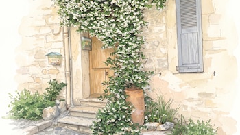 Ilustración en acuarela de una pared de piedra con puerta de madera, escalones, maceta, flores blancas y una ventana con contraventana azul.