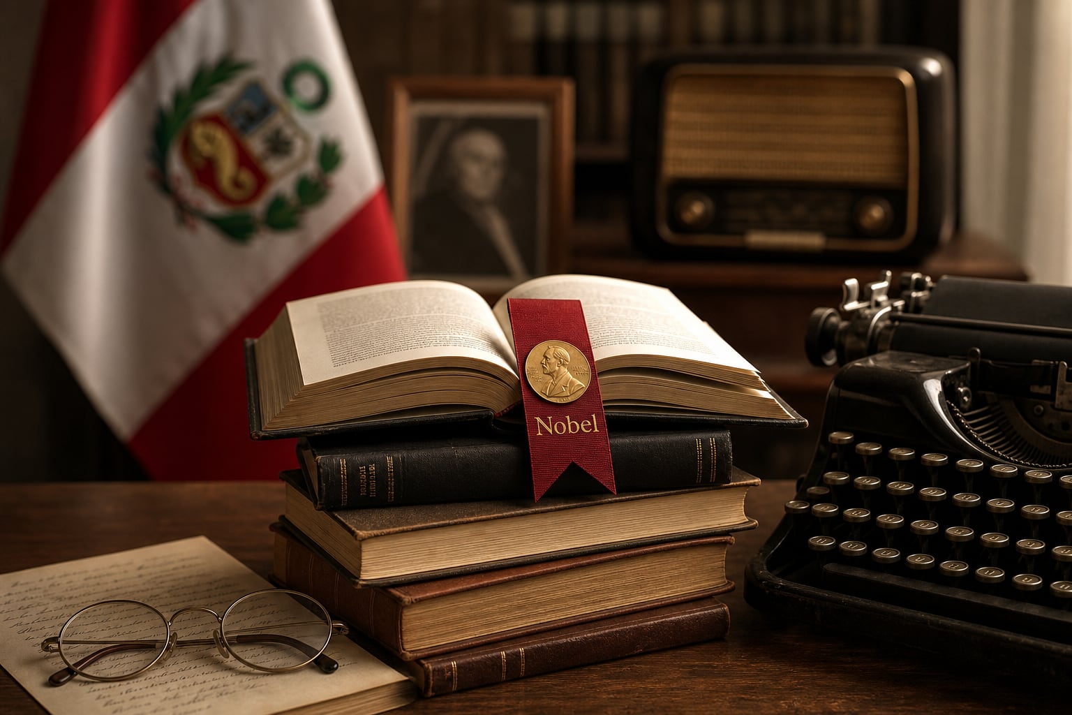 Una colección de libros junto a un marcapáginas del Premio Nobel, una máquina de escribir y la bandera peruana ilustra el legado de Mario Vargas Llosa. (Imagen Ilustrativa Infobae)