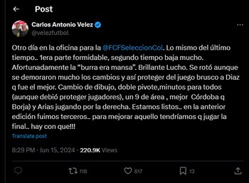 Posterior al encuentro, el reconocido periodista deportivo criticó a Néstor Lorenzo por no haber hecho los cambios en el descanso para cuidar a los jugadores colombianos -crédito X/@velezfutbol