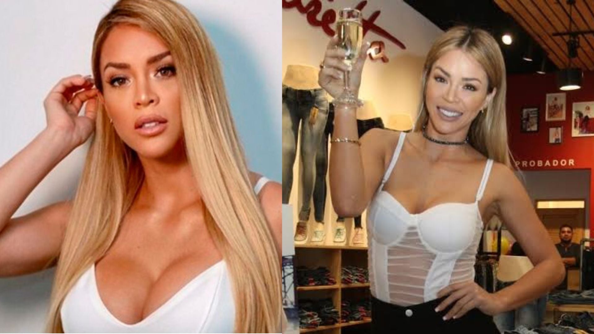 Sheyla Rojas posa para un retrato y sostiene una copa en un local comercial dedicado a la venta de ropa.