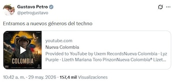 El mandatario celebró la creación de la canción "Nueva Colombia", usando fragomentos de sus discursos - crédito @petrogustavo/X
