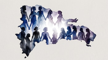 Siluetas femeninas en tonos azules y violetas tomadas de las manos componen el contorno geográfico de República Dominicana sobre fondo gris.