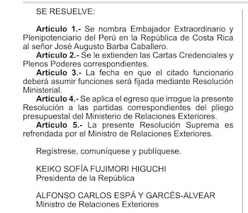 Documento con el texto de una resolución oficial del Gobierno del Perú firmada por Keiko Fujimori y Alfonso Espá
