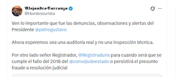 El abogado Alejandro Carranza destacó advertencias del presidente Petro sobre presuntas vulnerabilidades del sistema electoral - crédito @HombreJurista/X