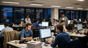 Vista general de una oficina moderna y luminosa con varios empleados sentados en escritorios individuales, usando computadoras. Las ventanas muestran un paisaje urbano nocturno.