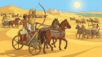 Ilustración de carros egipcios tirados por caballos, con faraones y arqueros, corriendo por un desierto arenoso bajo un cielo azul con pirámides y un río.