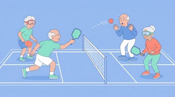 Ilustración minimalista de cuatro adultos mayores jugando pickleball en una cancha azul. Uno se sorprende por una pelota que se acerca, dos usan gafas y otro está en actitud de juego.