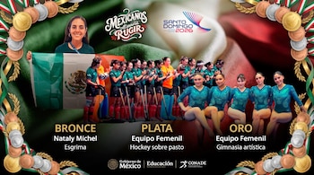 Collage de atletas femeninas mexicanas, que incluye a una esgrimista, un equipo de hockey sobre pasto y un equipo de gimnasia artística, rodeadas de medallas.