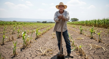 Hombre con sombrero de paja y pala en un campo de cultivo seco con tierra agrietada y plantas pequeñas. Fondo con vegetación y cielo.