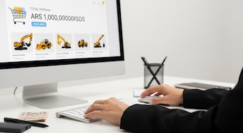 Manos de persona usando teclado y ratón frente a monitor de computadora con imágenes de maquinaria pesada y el monto de mil millones de pesos. Billetes y lapicera en escritorio.