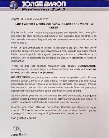 Carta abierta de Jorge Barón tras prometer que no volvería a dar 'pataditas' si la selección no ganaba - crédito Jorge Barón / Instagram