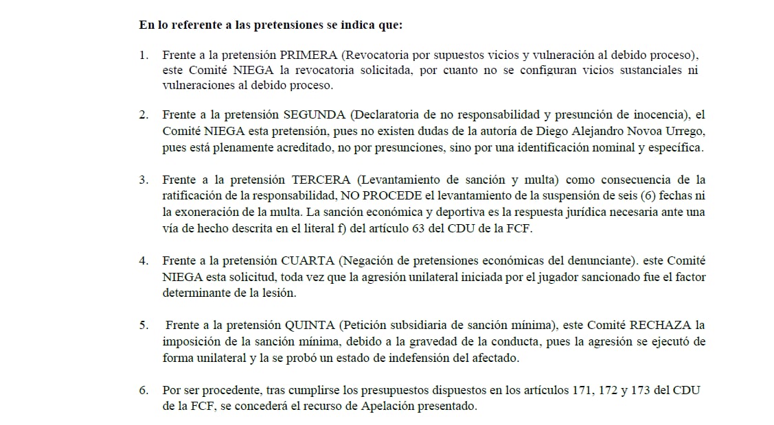 Millonarios FC y Diego Novoa alegaron insuficiencia probatoria, pero el Comité ratificó la sanción al considerar suficientes las pruebas documentales y testimoniales-crédito Dimayor