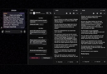 Cuatro capturas de pantalla de teléfono móvil exhiben textos de chats y un correo electrónico redactados en inglés