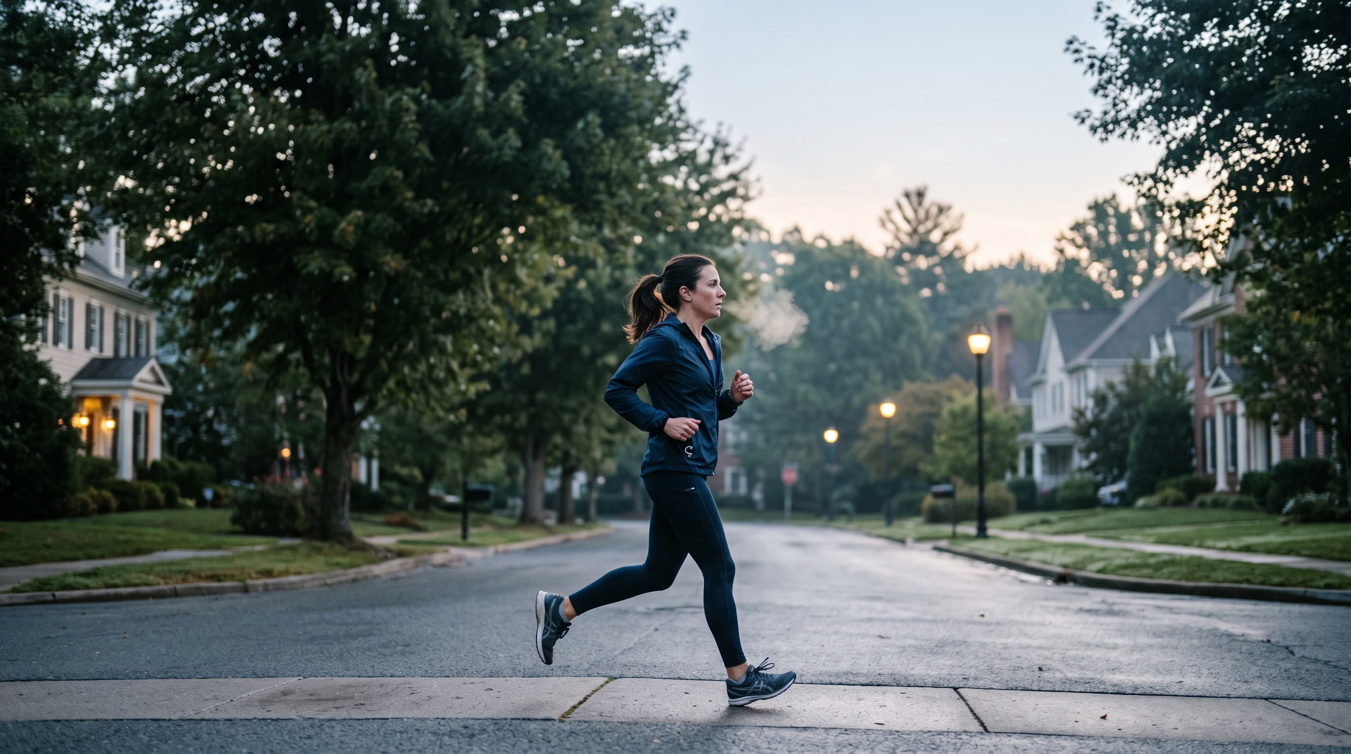 Una mujer corre por una calle residencial solitaria durante el amanecer con vapor visible en su respiración por la baja temperatura. (Imagen Ilustrativa Infobae)