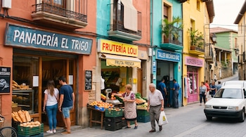 Calle con fachadas de colores, una panadería, una frutería, un taller mecánico, peatones en la acera y una furgoneta blanca.