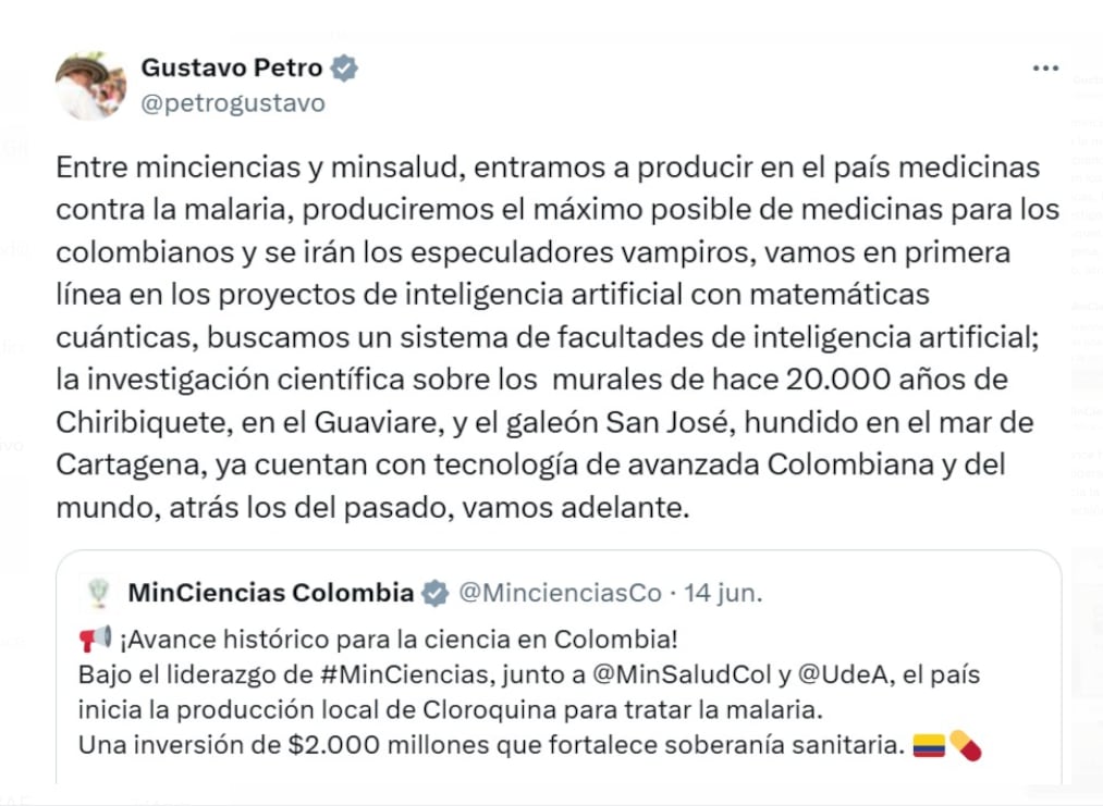 Gustavo Petro celebró la decisión de MinCiencias de producir cloroquina en Colombia - crédito @petrogustavo/X