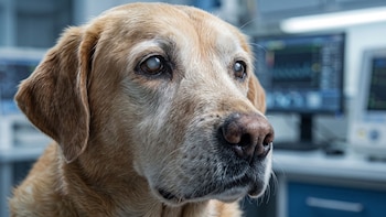 Primer plano de un perro Labrador dorado de edad avanzada con pupilas opacas, frente a monitores médicos en el fondo