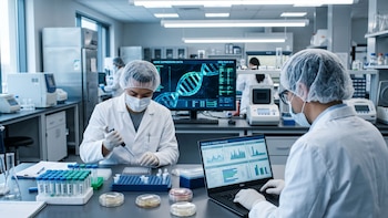 Dos personas en batas de laboratorio, mascarillas y guantes manejan pipetas, tubos de ensayo y equipos electrónicos en un laboratorio. Un monitor muestra ADN