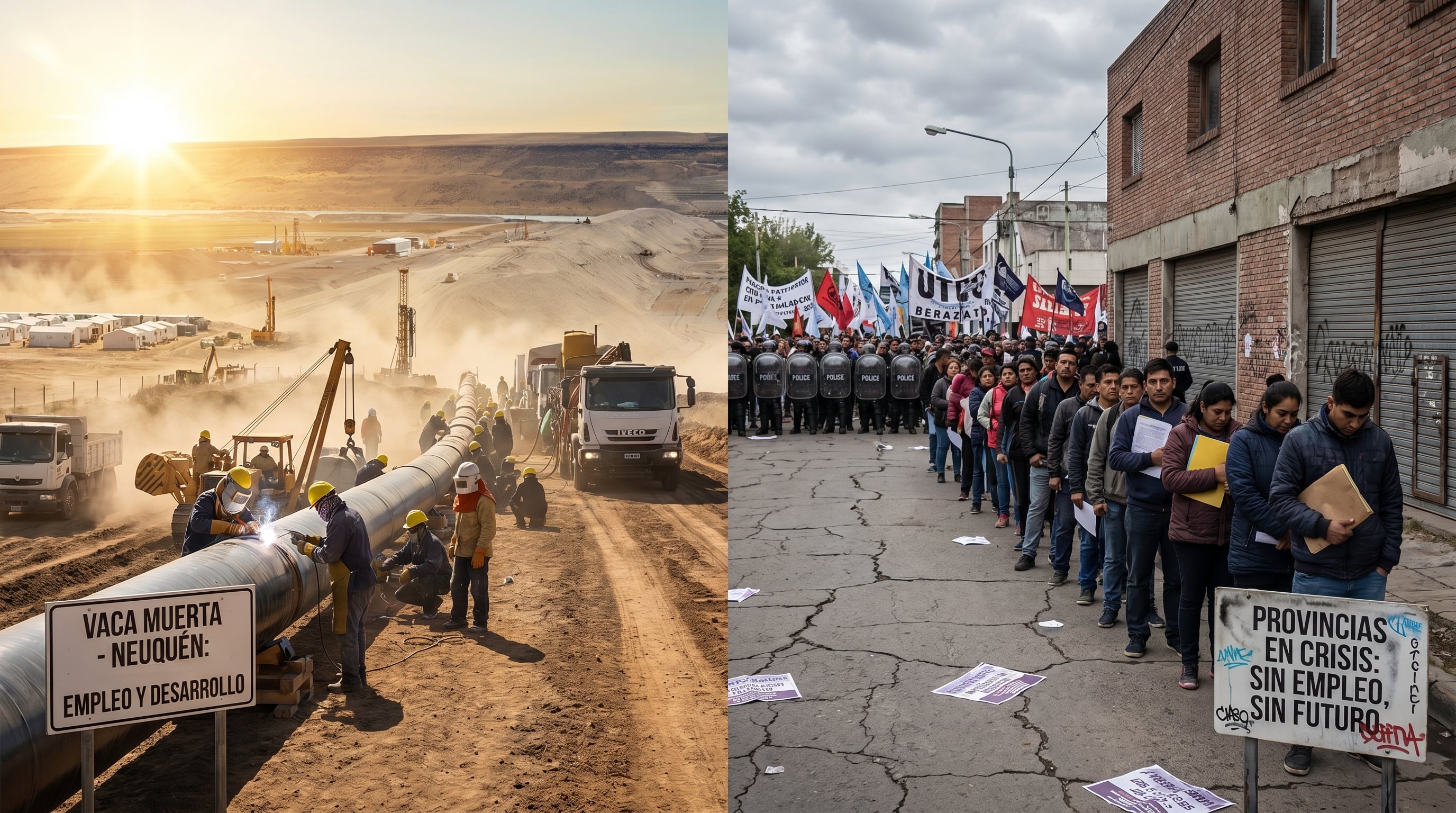La imagen yuxtapone el desarrollo y la generación de empleo en la formación Vaca Muerta, Neuquén, con una manifestación de desempleados en una provincia en crisis, reflejando las disparidades económicas de Argentina. (Imagen Ilustrativa Infobae)
