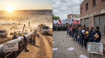 Imagen dividida. Izquierda: Trabajadores soldando un oleoducto en Vaca Muerta, Neuquén, con sol. Derecha: Manifestación de desempleados con pancartas y policía en una calle.