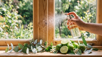 Una mano acciona un pulverizador junto a limones verdes enteros y cortados, flores y hojas de eucalipto sobre una ventana de madera.