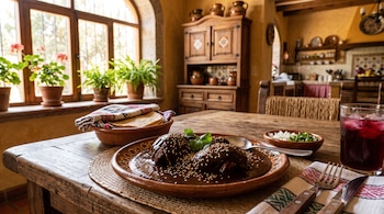 Plato de barro con mole poblano y ajonjolí, servido sobre una mesa junto a un recipiente con tortillas y un vaso con bebida roja.