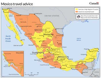 Mapa de alerta para canadienses en caso de visitar México: Crédito: Embajada de EEUU en Canadá