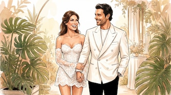 Ilustración de una pareja recién casada caminando y tomados de la mano, con la mujer sonriendo a la izquierda y el hombre mirándola, rodeados de plantas tropicales.