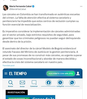 María Fernanda Cabal opinó del sistema carcelario en Colombia después de la muerte del director de la cárcel La Modelo - crédito @MariaFdaCabal