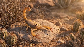 Un alacrán Vaejovis amarillo rojizo se posa en una roca con grietas en un paisaje desértico, rodeado de cactus pequeños y vegetación seca.