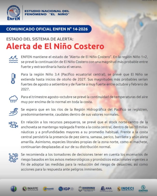 Las temperaturas permanecerán muy por encima de lo normal en toda la costa peruana durante el trimestre agosto-octubre, con posibilidad de episodios de calor inusual - Créditos: Enfen.