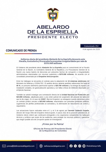 Gobierno de De la Espriella presento irregularidades multimillonarias en medio del proceso de empalme - crédito @defensoresco/X