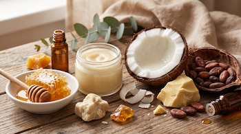 Un cuenco con un panal de miel, un frasco de crema, medio coco, manteca de cacao y frascos de aceite sobre una mesa de madera.