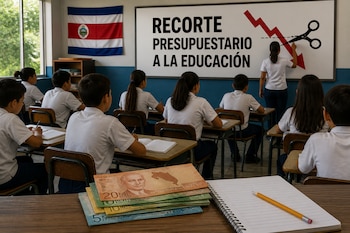 Estudiantes en un aula frente a una pizarra con un gráfico, una bandera de Costa Rica al fondo y billetes con un cuaderno en primer plano.