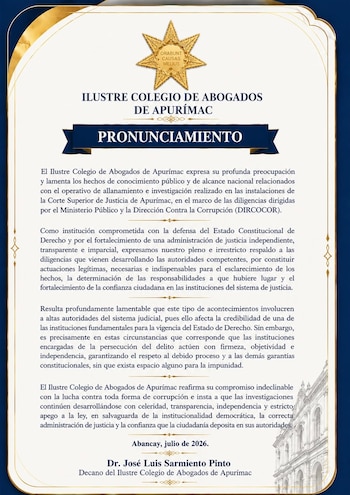 Documento del Colegio de Abogados de Apurímac, con encabezado "Pronunciamiento", texto, emblema, fecha Abancay julio 2026 y firma del decano