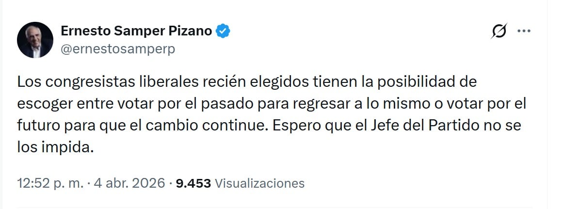 Samper advirtió que la “libertad” otorgada a los militantes podría convertirse en una imposición de César Gaviria - crédito @ernestosamperp/X